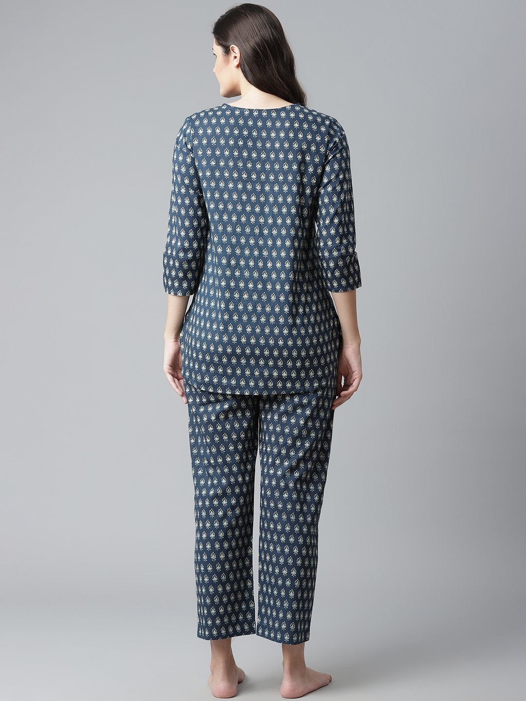 Women's Dark Blue Buti Print Cotton Nightwear  - Wahenoor