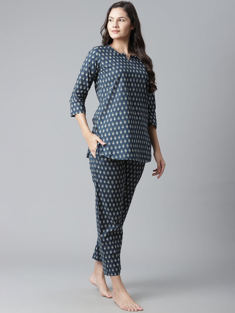 Women's Dark Blue Buti Print Cotton Nightwear