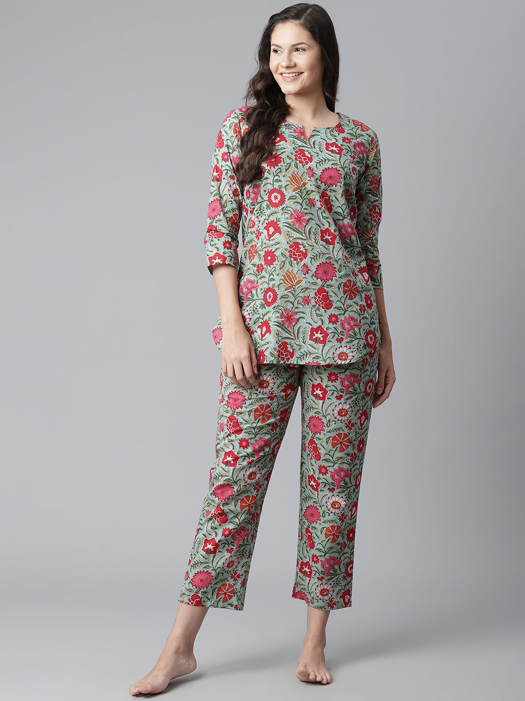 Women's Green Floral Print Cotton Nightwea