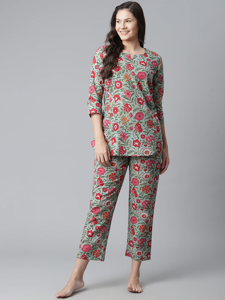 Women's Green Floral Print Cotton Nightwea