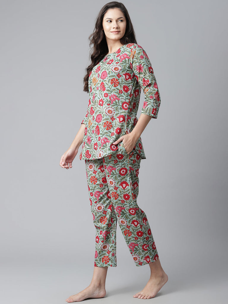 Women's Green Floral Print Cotton Nightwea
