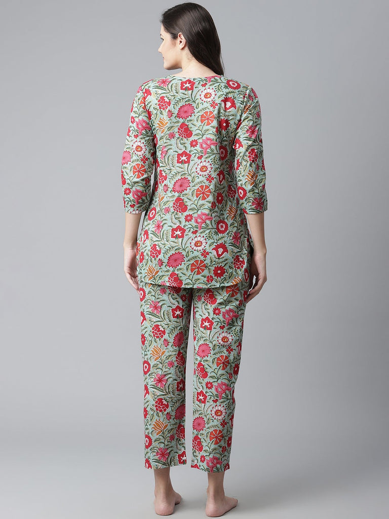 Women's Green Floral Print Cotton Nightwea