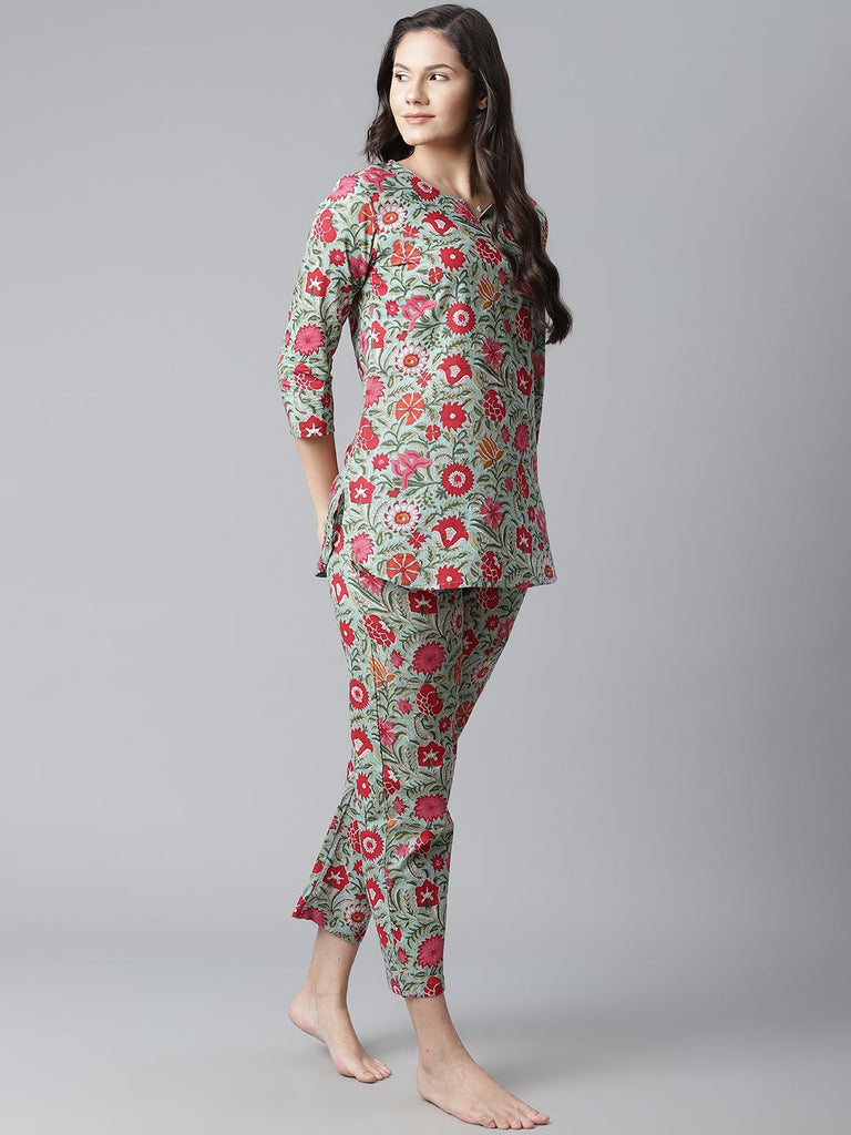 Women's Green Floral Print Cotton Nightwea
