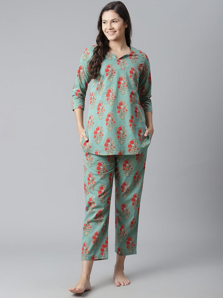 Women's Green Floral Print Cotton Nightwea