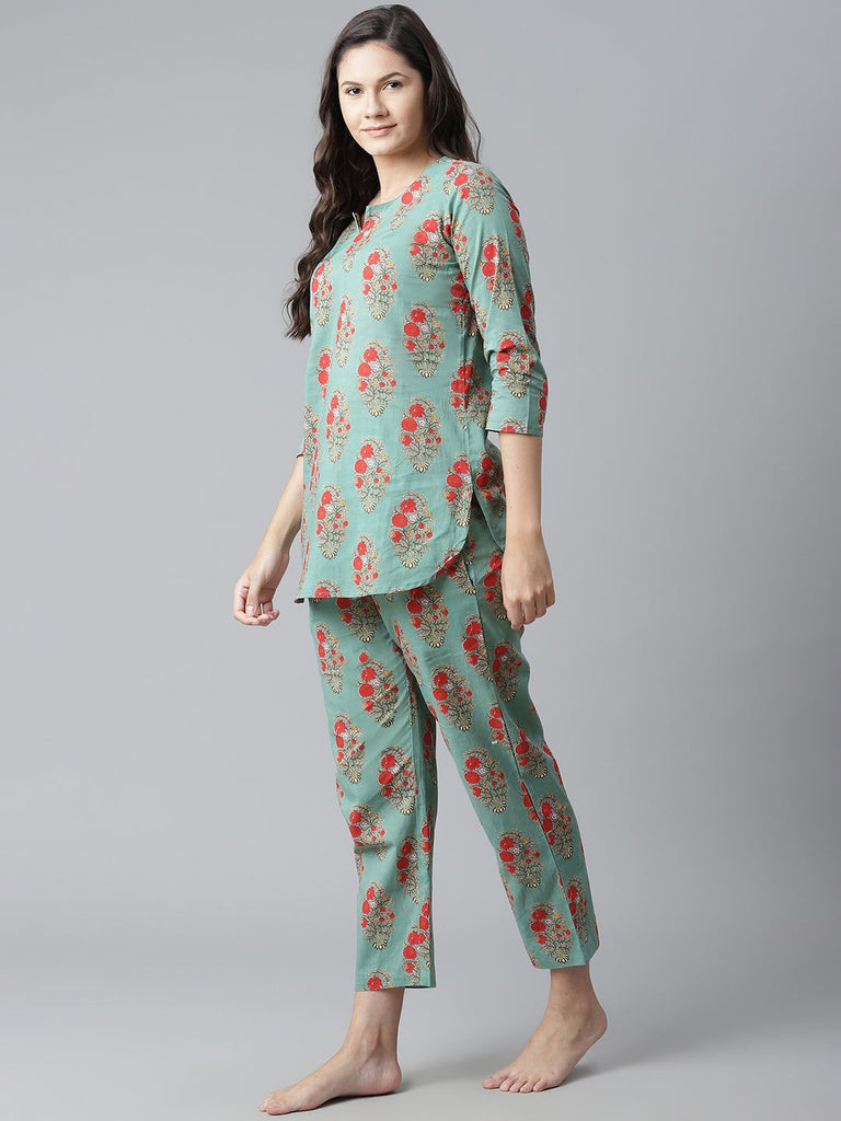 Women's Green Floral Print Cotton Nightwea