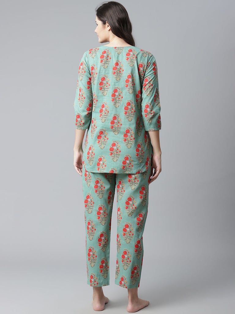 Women's Green Floral Print Cotton Nightwea
