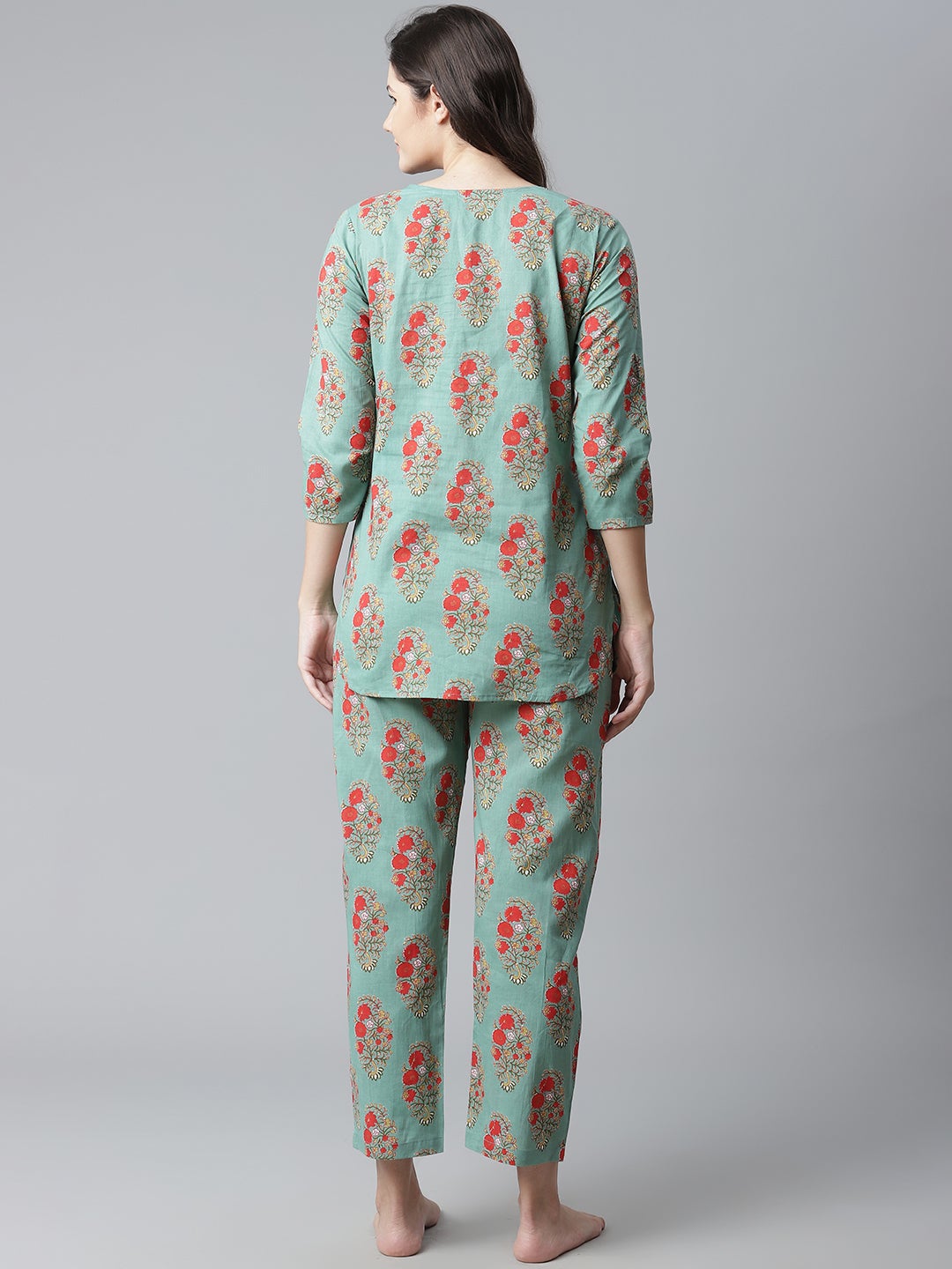Women's Green Floral Print Cotton Nightwear - Noz2Toz
