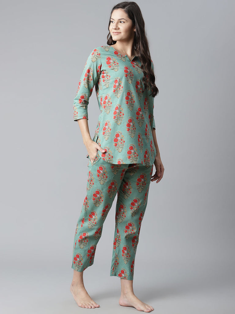 Women's Green Floral Print Cotton Nightwea
