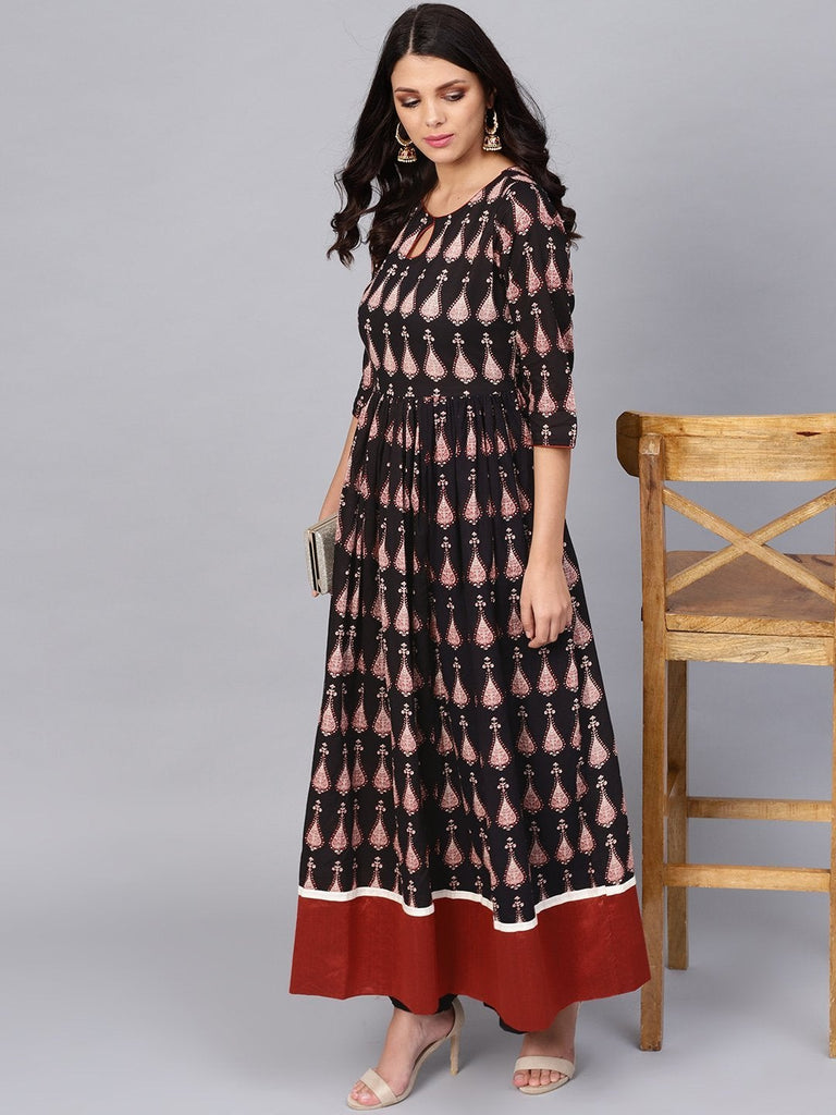 Women's Black Printed Cotton Floor Lenth Anarkali
