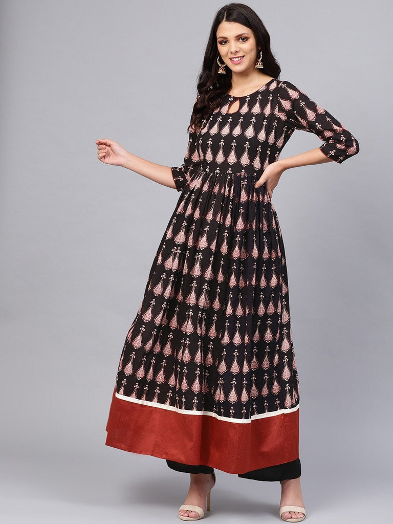Women's Black Printed Cotton Floor Lenth Anarkali