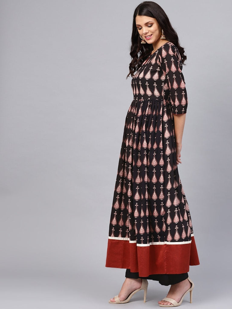 Women's Black Printed Cotton Floor Lenth Anarkali