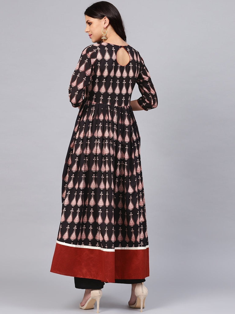 Women's Black Printed Cotton Floor Lenth Anarkali