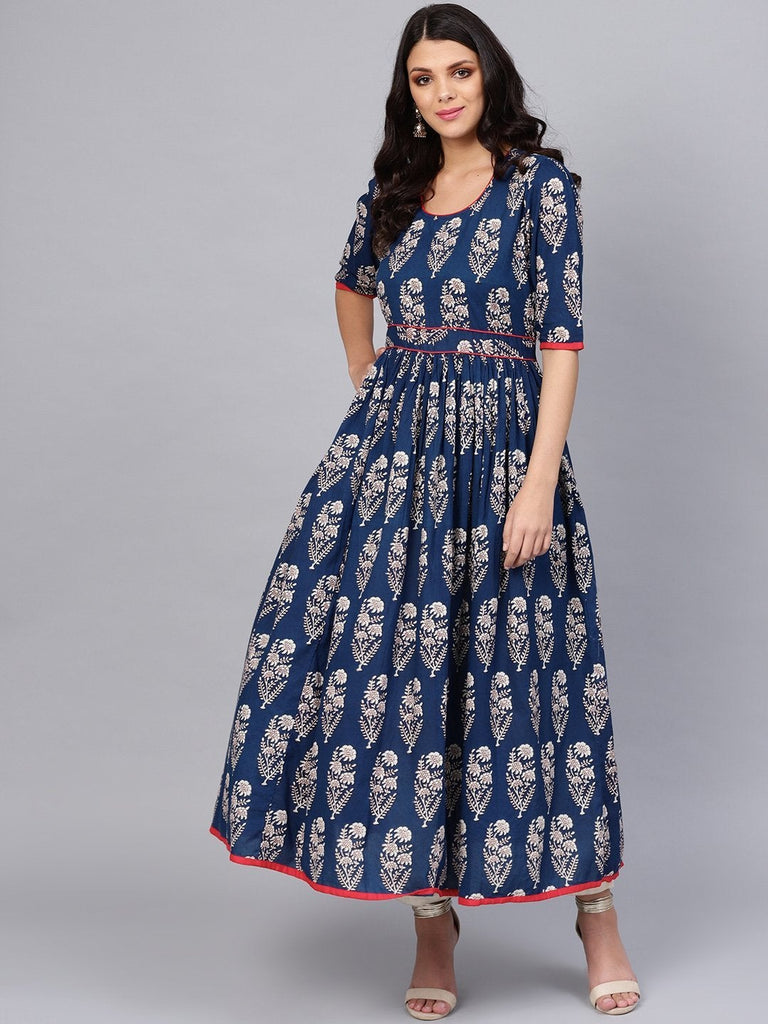 Women's Royal Blue Printed Floor Length Anarkali