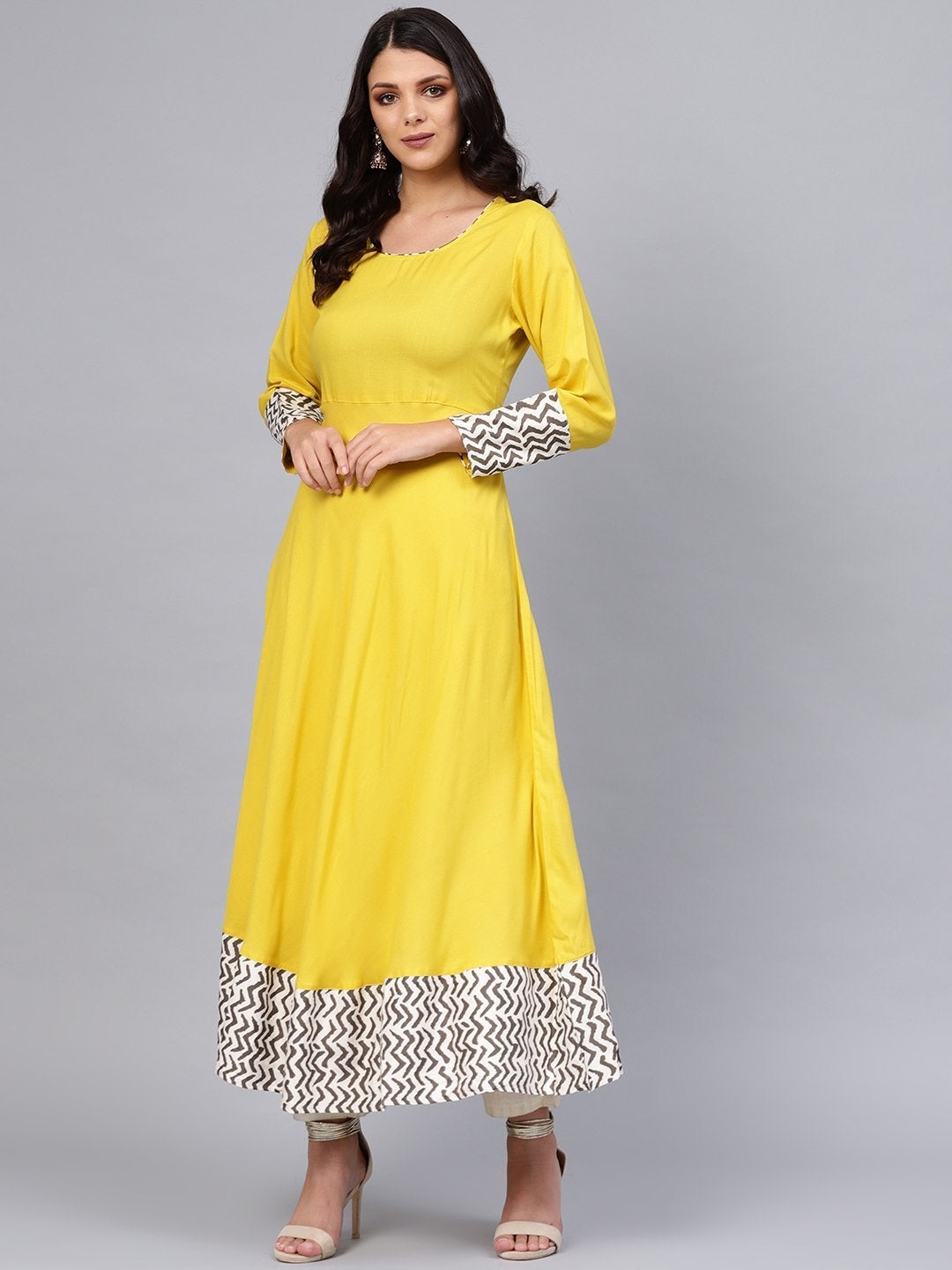 Women's Solid Mustard Yellow Rayon Anarkali  - Wahenoor