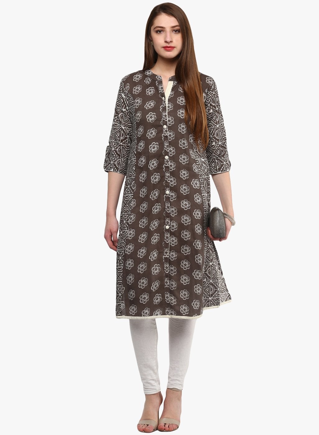 Women's Grey Cotton A-Line Kurti  - Wahenoor