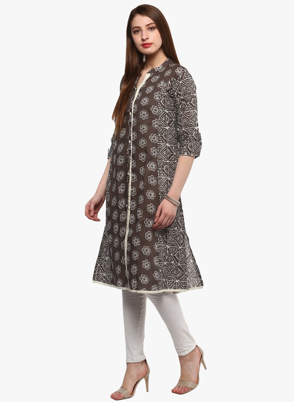 Women's Grey Cotton A-Line Kurti - Divena