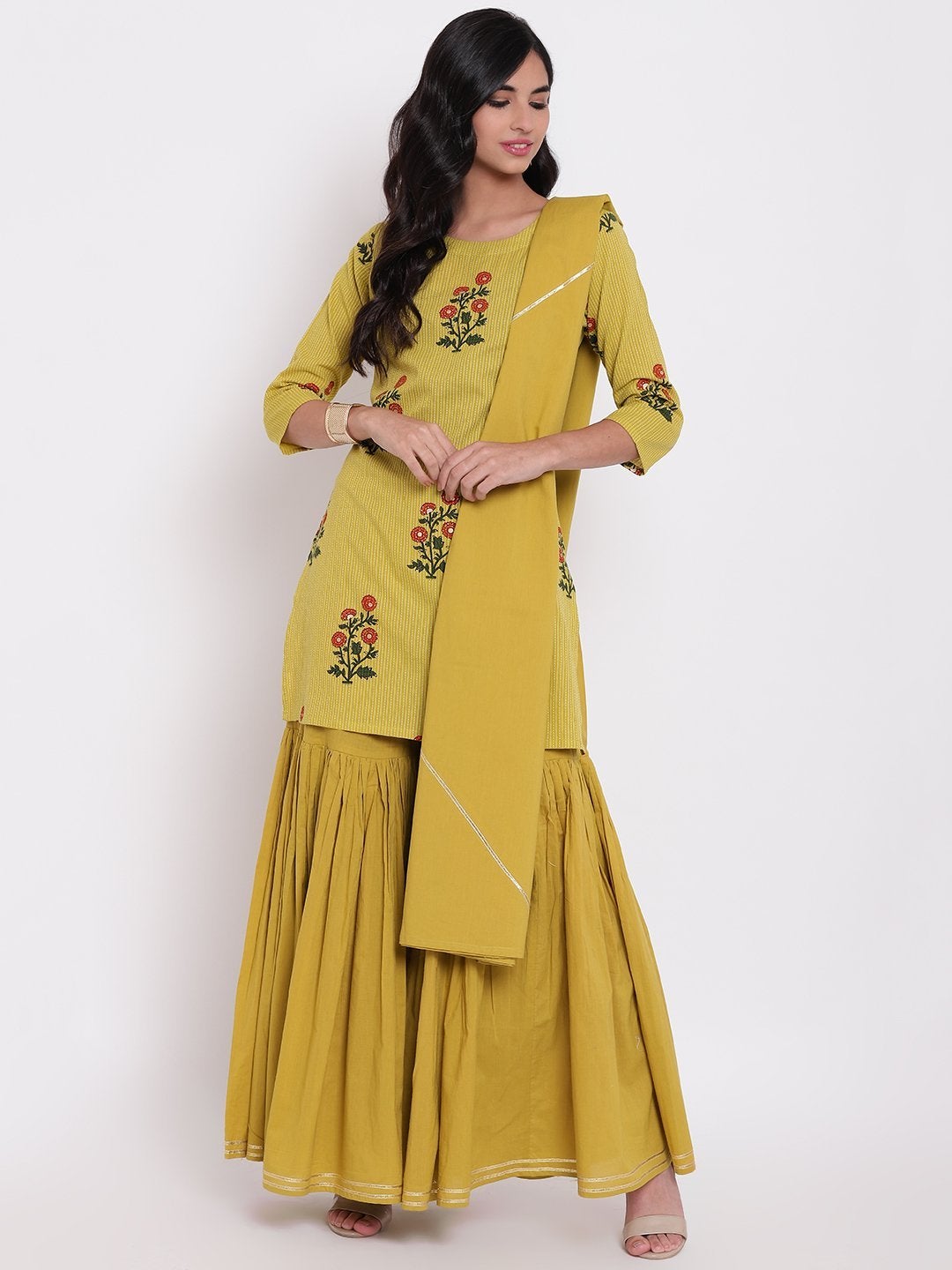 Women's Lemon Yellow Cotton Sharara Kurta Set With Dupatta  - Wahenoor
