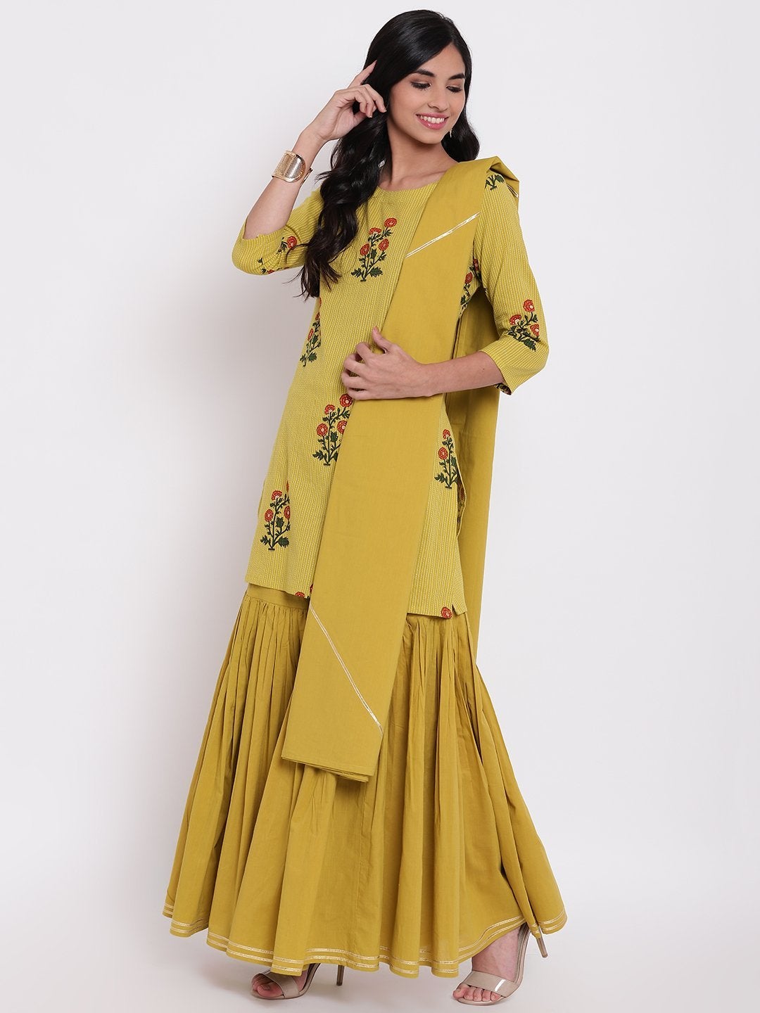 Women's lemon yellow cotton sharara kurta set with dupatta - Divena