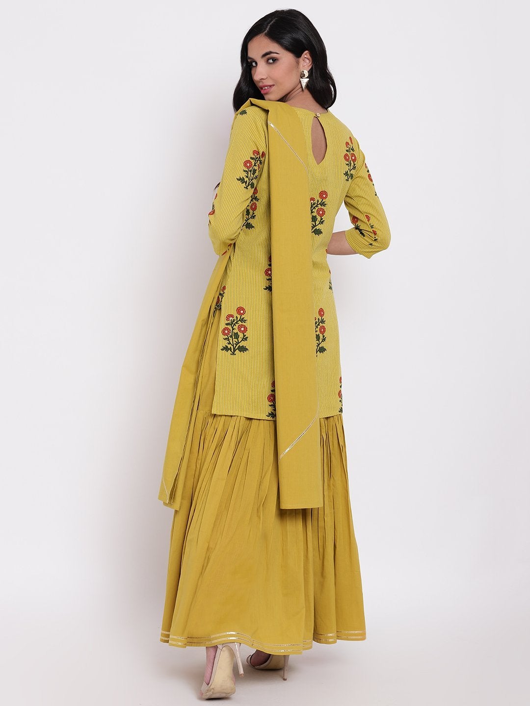 Women's Lemon Yellow Cotton Sharara Kurta Set With Dupatta  - Wahenoor