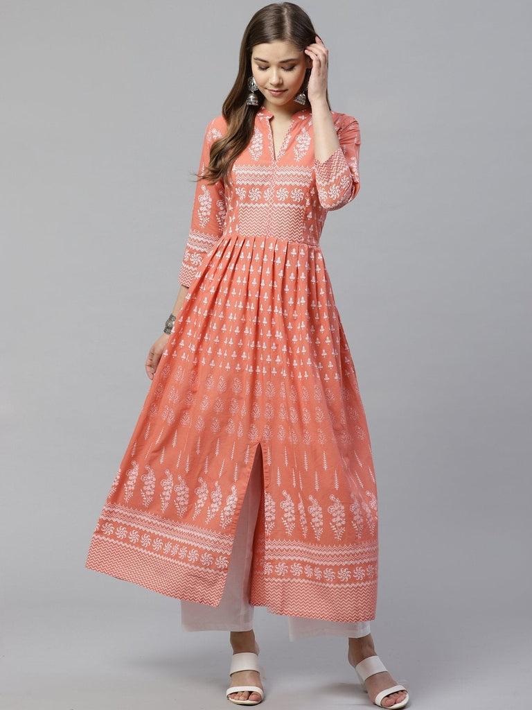 Women's Pink A Line Printed Cotton Kurta