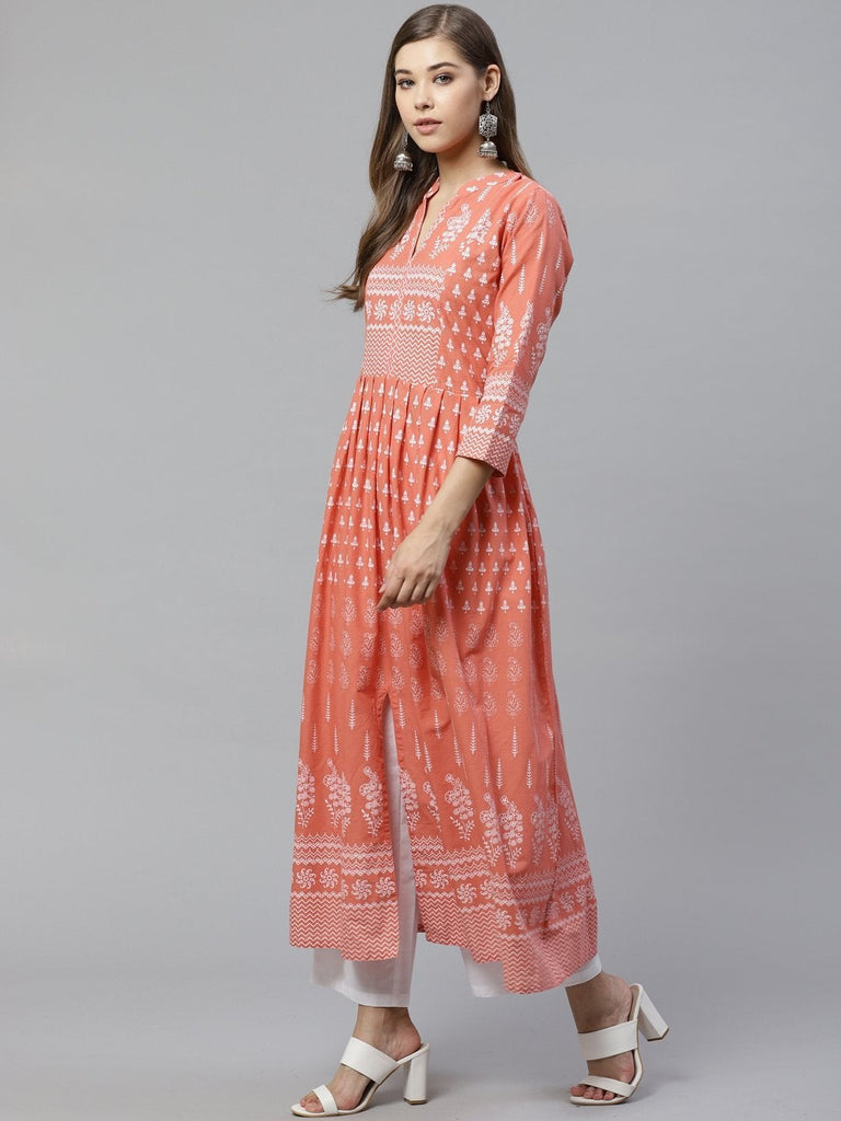 Women's Pink A Line Printed Cotton Kurta