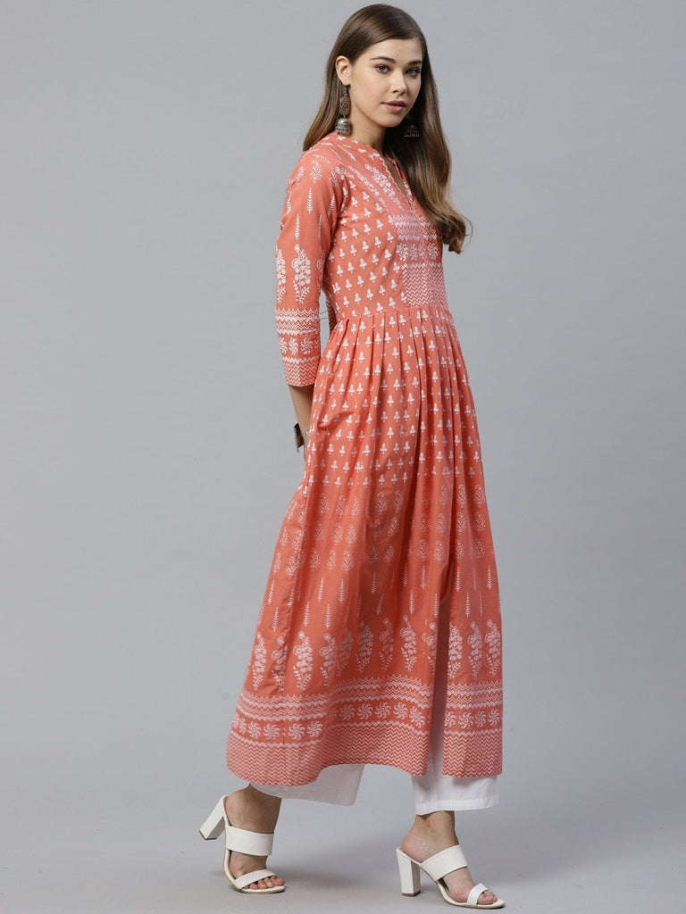 Women's Pink A Line Printed Cotton Kurta