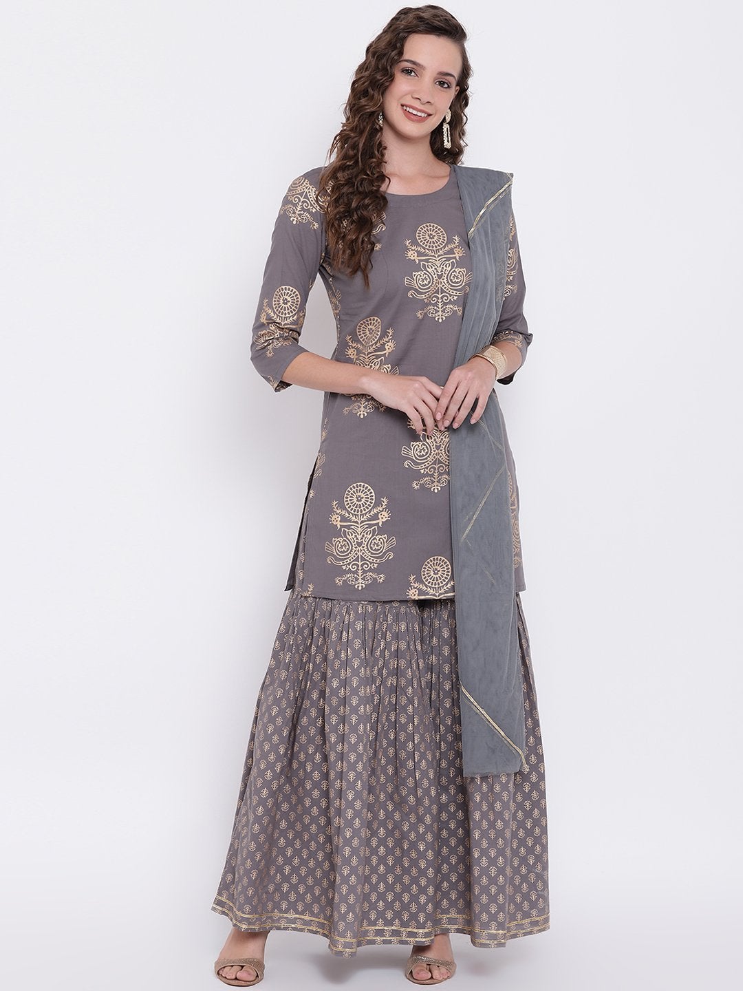 Women's Grey Foil Print Cotton Sharara Set With Net Dupatta