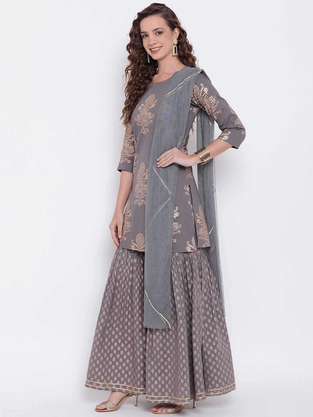 Women's Grey Foil Print Cotton Sharara Set With Net Dupatta