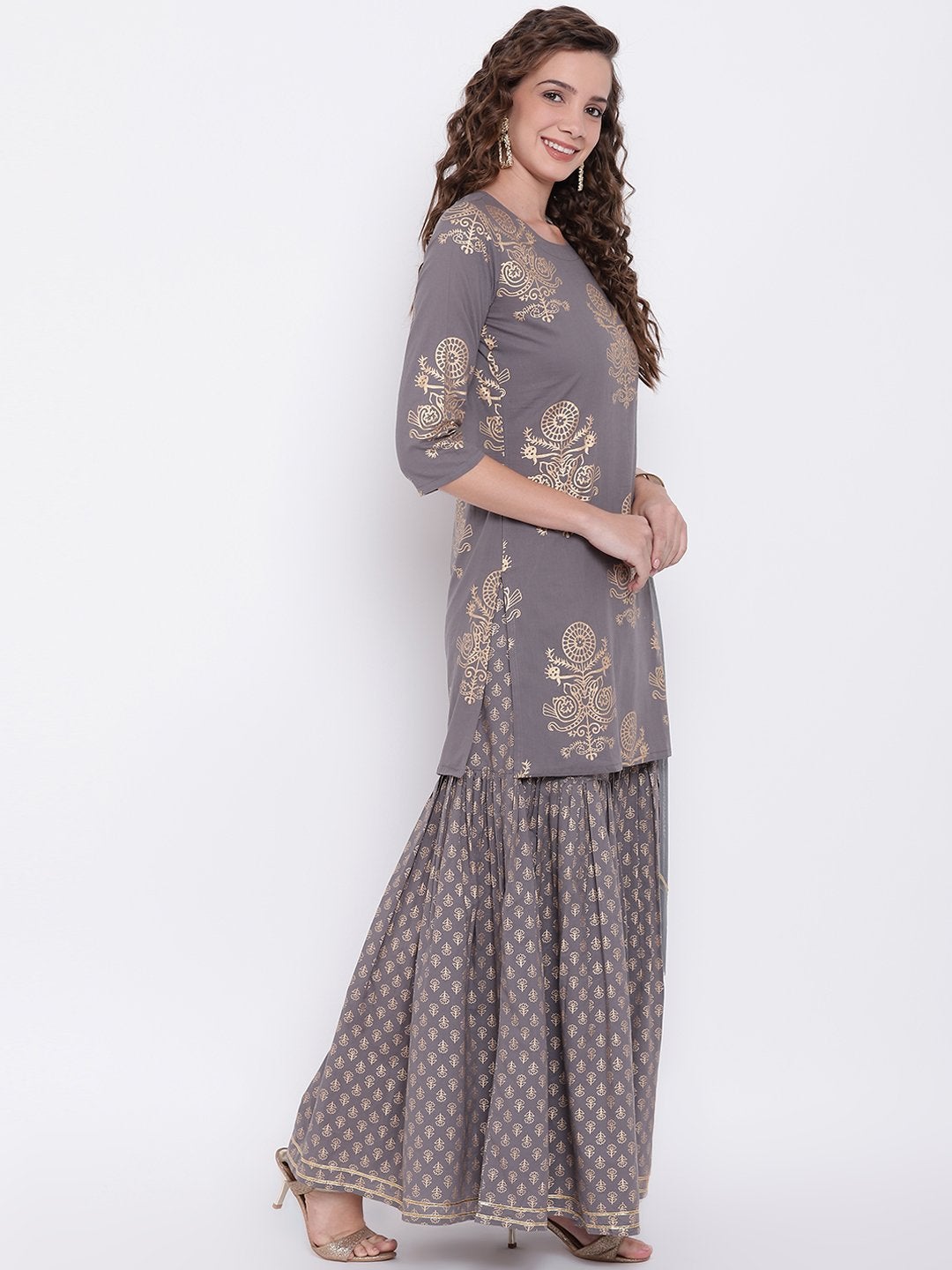 Women's Grey Foil Print Cotton Sharara Set With Net Dupatta  - Wahenoor