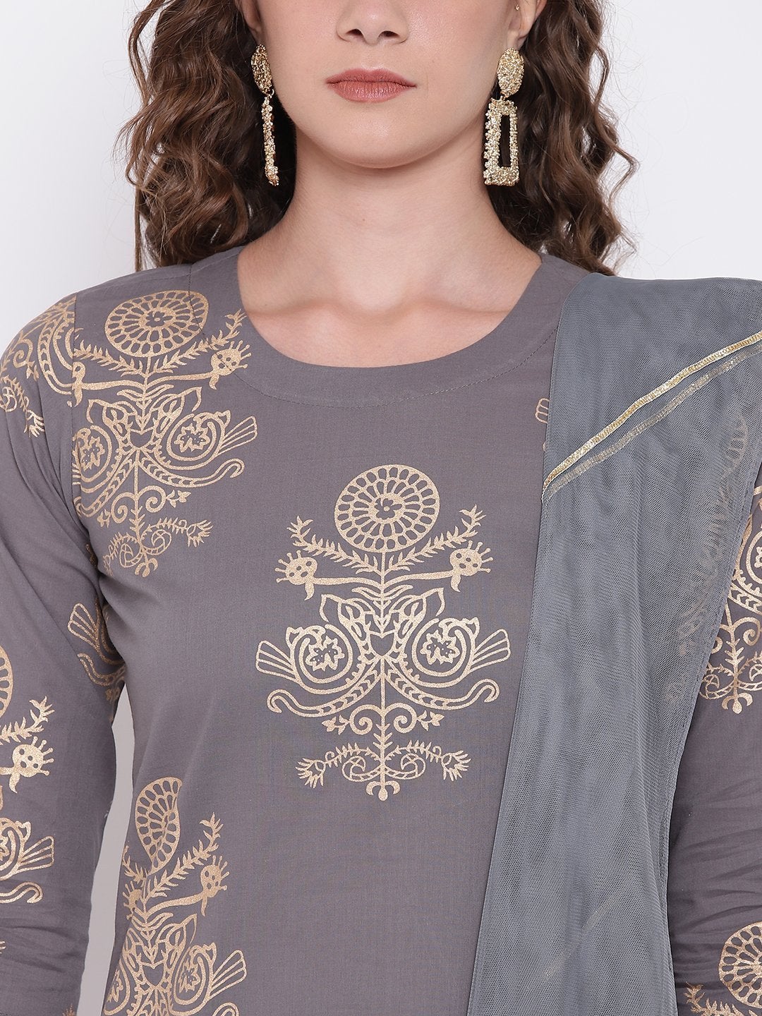 Women's Grey Foil Print Cotton Sharara Set With Net Dupatta  - Wahenoor