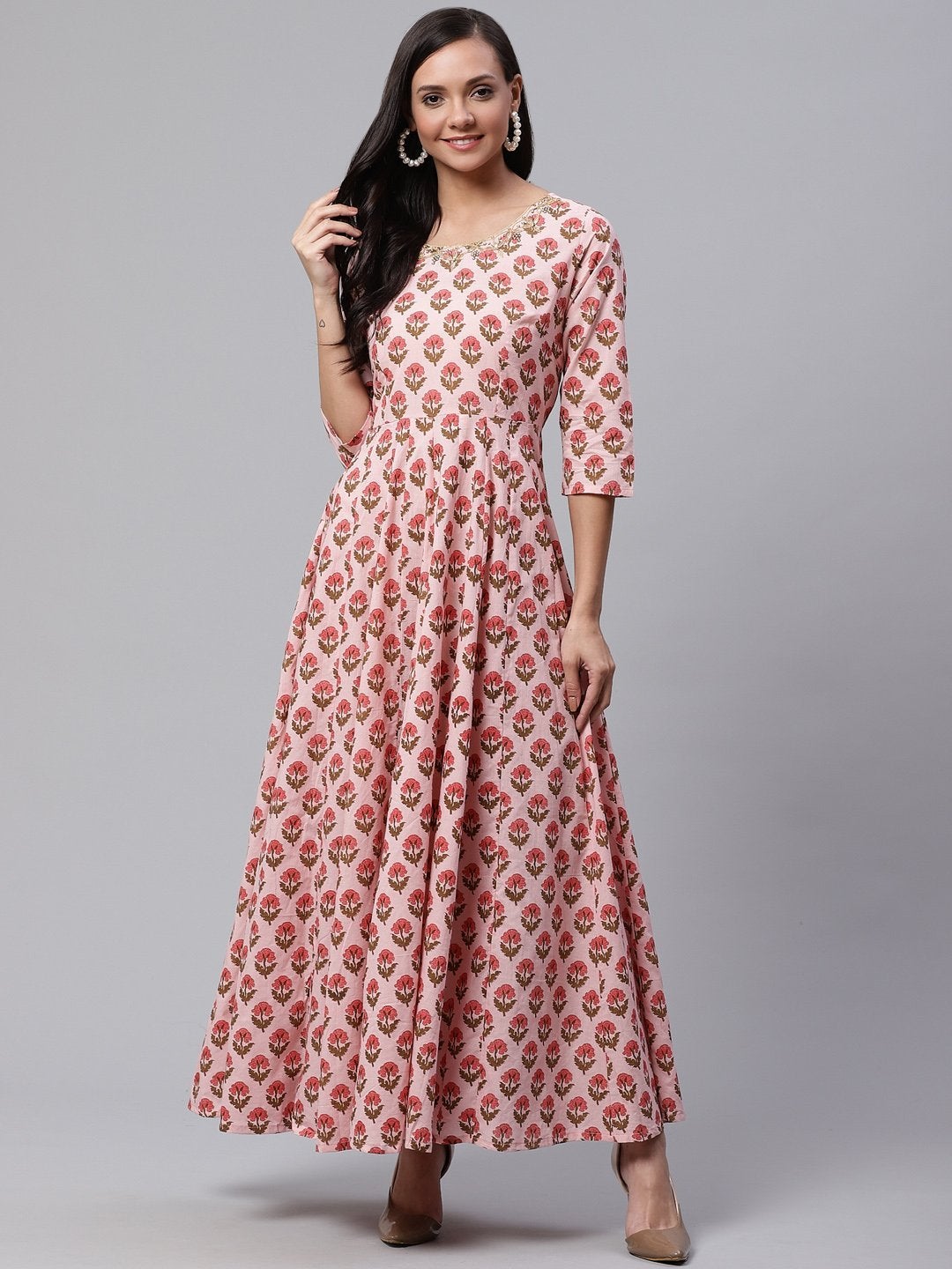 Women's Pink Cotton Gotta Patti Work Anarkali Kurta  - Wahenoor