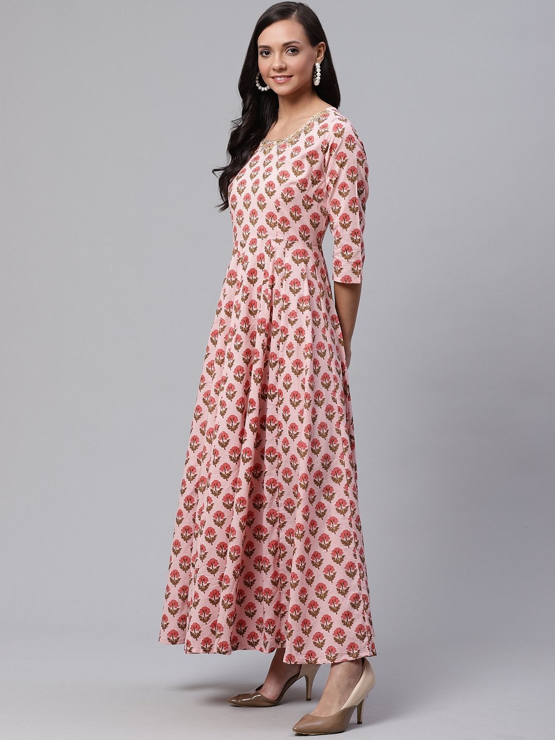 Women's Pink Cotton Gotta Patti Work Anarkali Kurta  - Wahenoor
