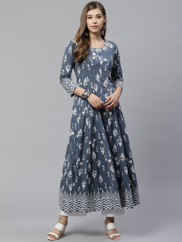 Women's Grey Cotton Gotta Patti Work Anarkali Kurta