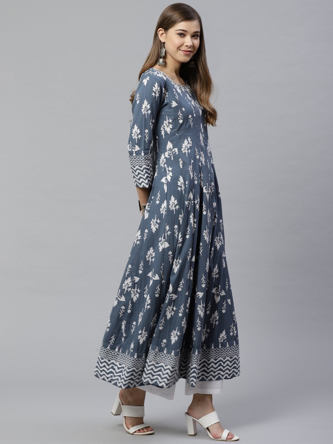 Women's Grey Cotton Gotta Patti Work Anarkali Kurta  - Wahenoor