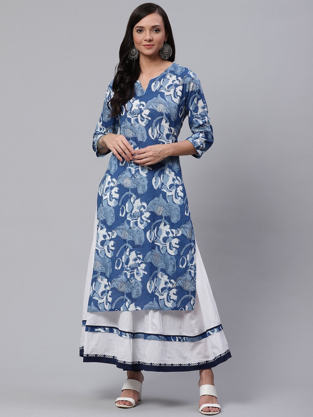 Women's Blue Cotton Kurta With Mulmul Sharara - Divena