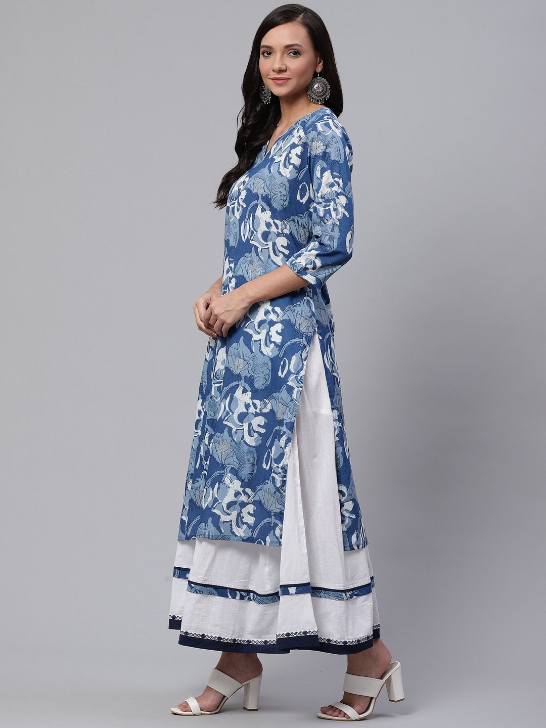 Women's Blue Cotton Kurta With Mulmul Sharara - Divena