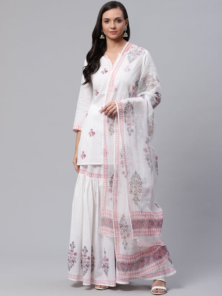 Women's White Cotton Kurti Sharara With Kota Dori Dupatt
