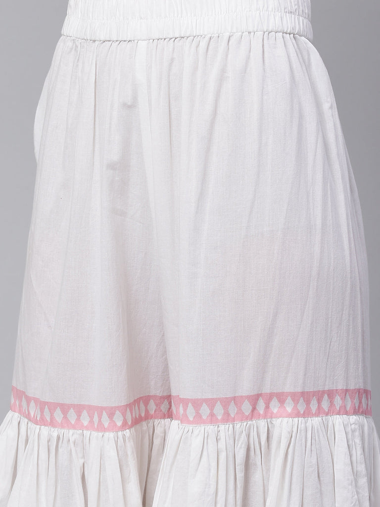 Women's White Cotton Kurti Sharara With Kota Dori Dupatt