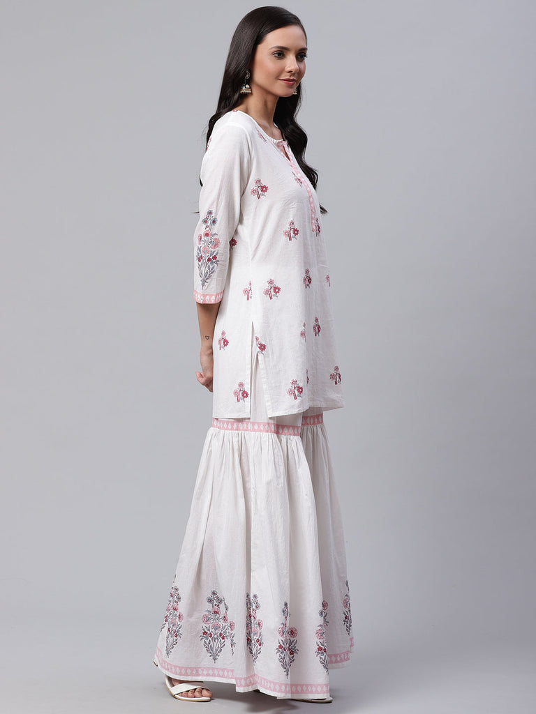 Women's White Cotton Kurti Sharara With Kota Dori Dupatt