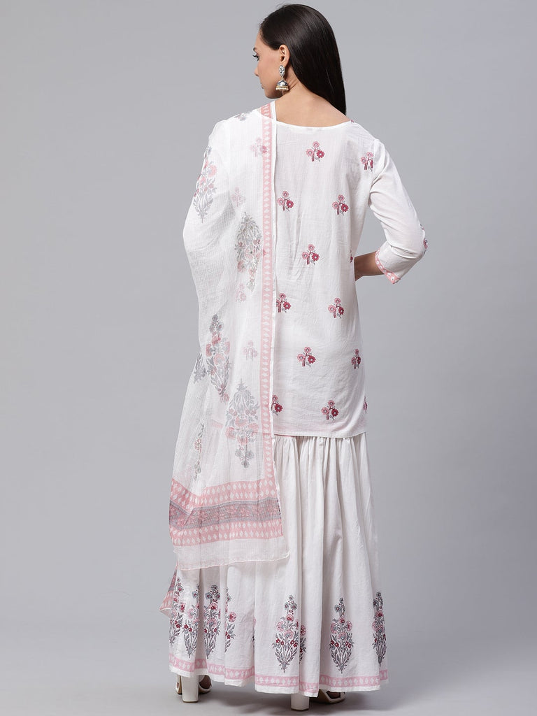 Women's White Cotton Kurti Sharara With Kota Dori Dupatt
