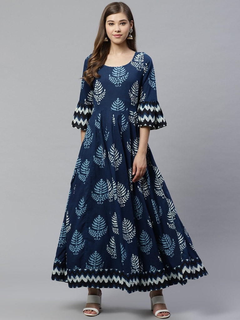 Women's Blue Long Cotton Anarkali