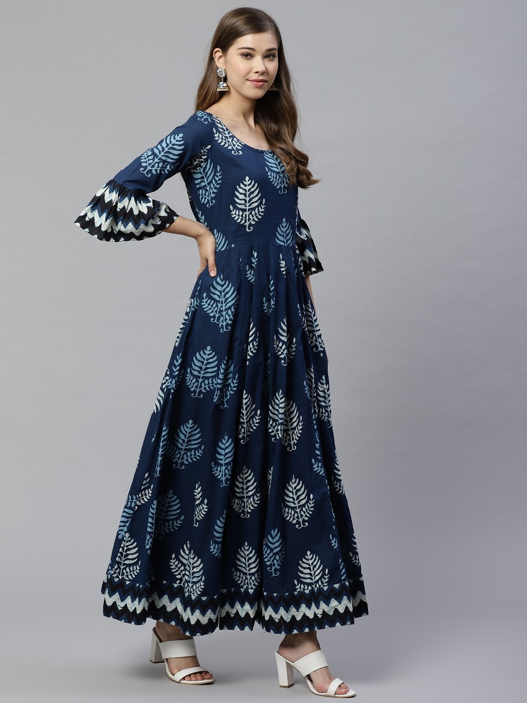 Women's Blue Long Cotton Anarkali by Divena