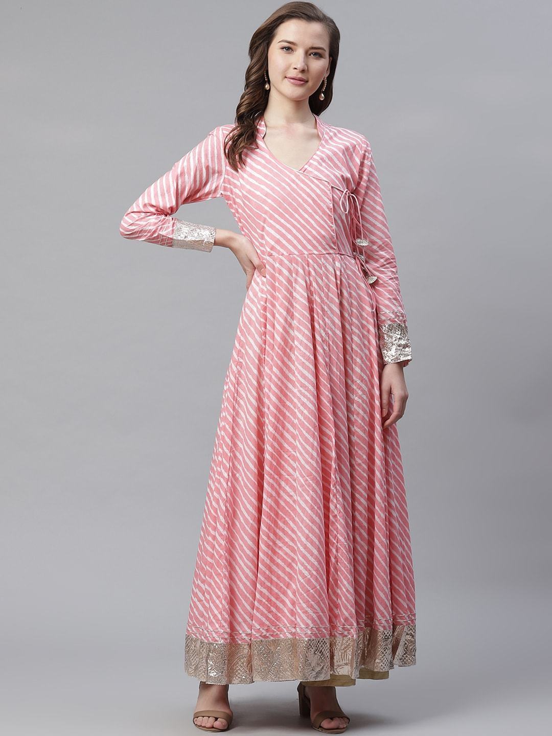 Women's Pink Leheriya Cotton Anarkali With Copper Lace - Noz2Toz