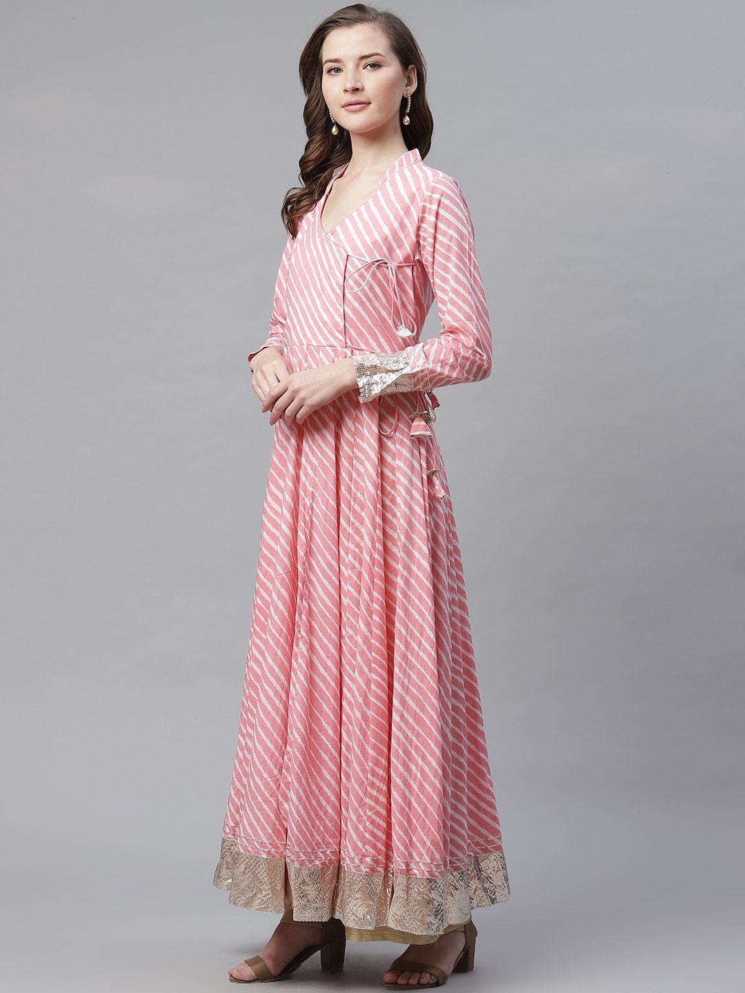 Women's Pink Leheriya Cotton Anarkali With Copper Lace - Noz2Toz