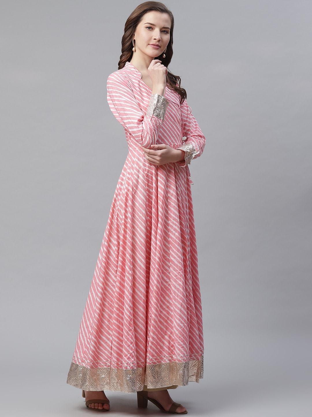 Women's Pink Leheriya Cotton Anarkali With Copper Lace - Divena
