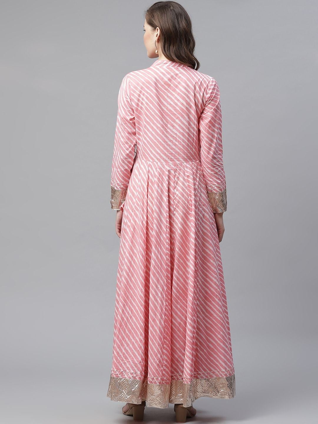 Women's Pink Leheriya Cotton Anarkali With Copper Lace  - Wahenoor