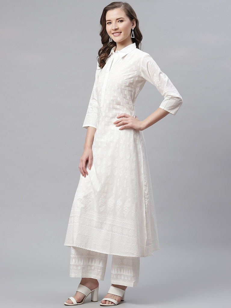 Women's White Printed Cotton Kurti With Palazzo