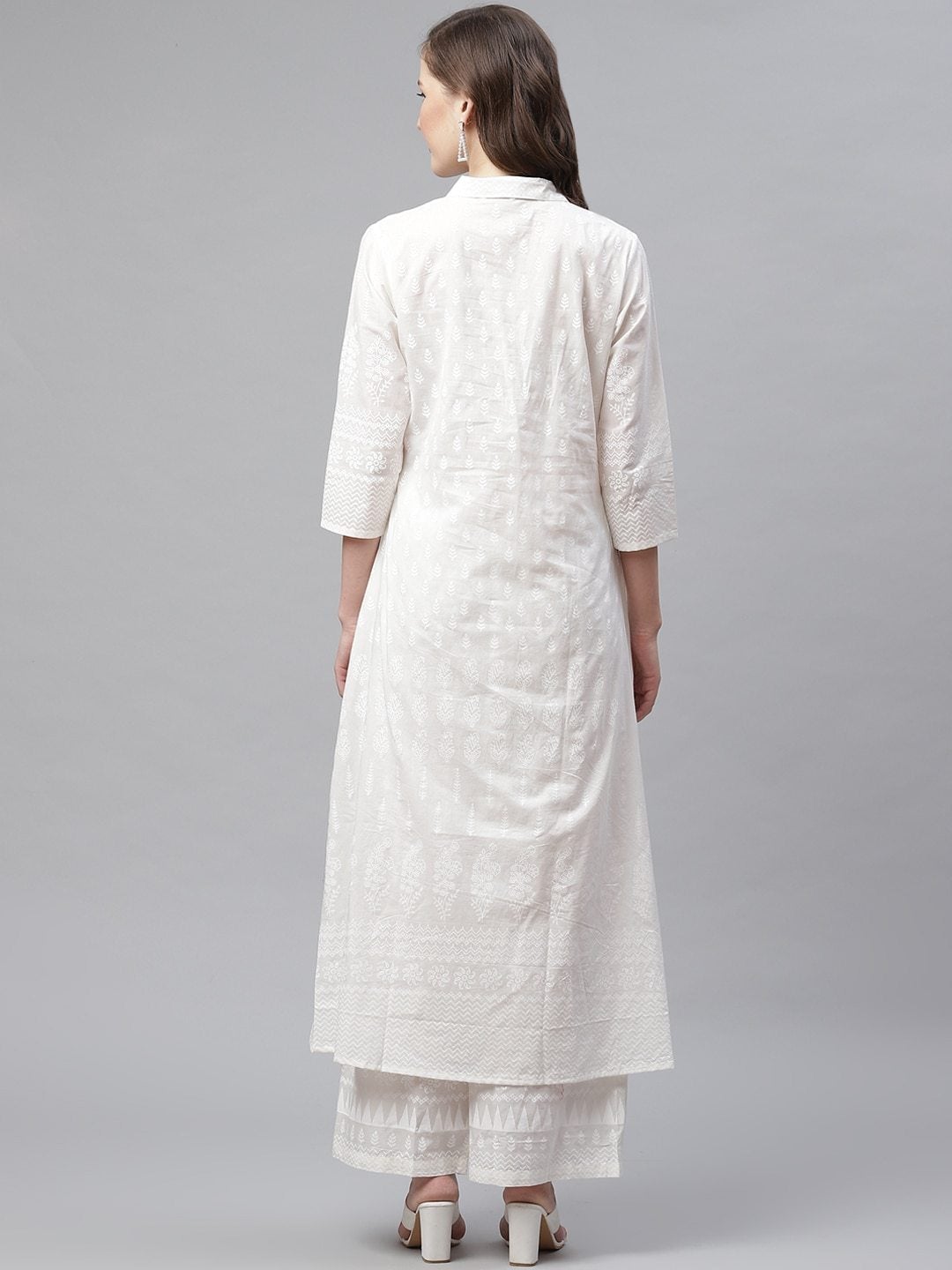 Women's White Printed Cotton Kurti With Palazzo - Noz2Toz