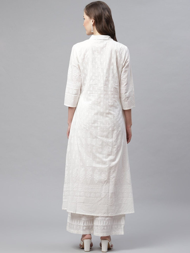 Women's White Printed Cotton Kurti With Palazzo