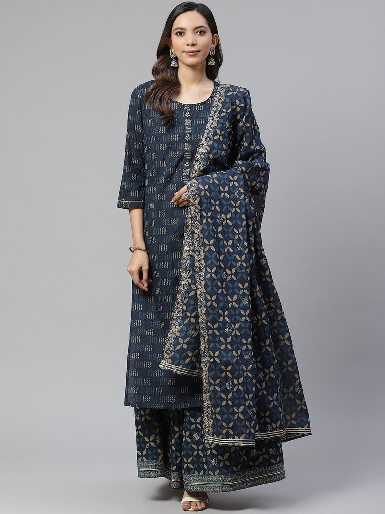 Women's Indigo Kurta Set With Palazzo And Dupatta